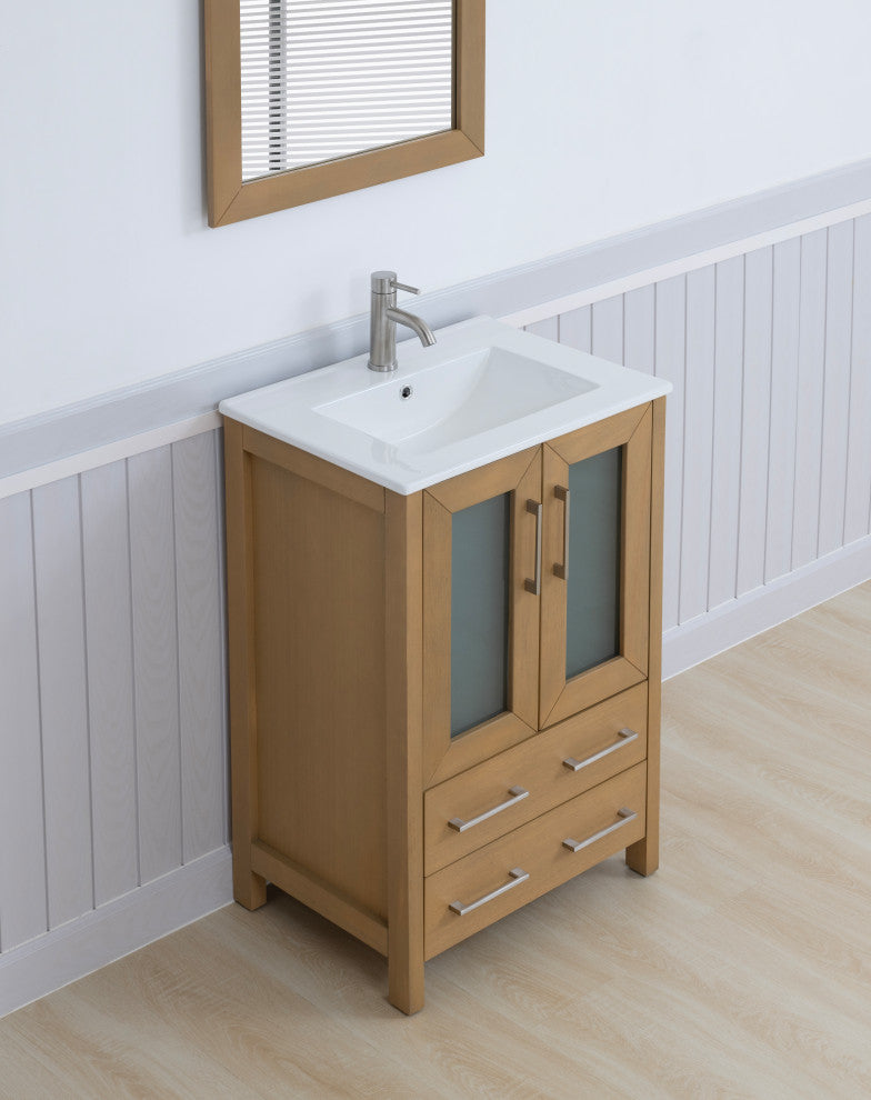 Vanity Art Vanity Set With Ceramic Top, 24", Natural Oak, Standard Mirror