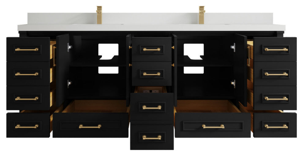 Aberdeen 84 Double Sink Bath Vanity in Black 2" White Quartz