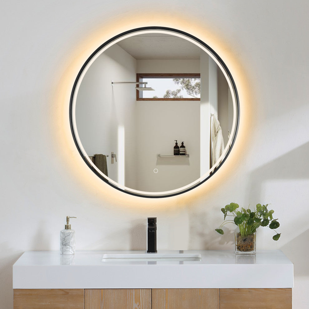 Palme Round Framed Bathroom/Vanity LED Lighted Wall Mirror, Matte Black, 32"