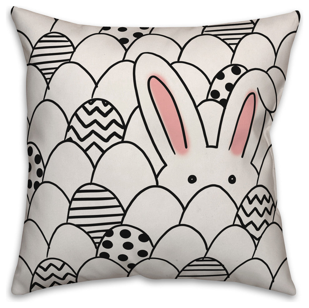 Black and White Egg Hunting Bunny 18x18 Throw Pillow