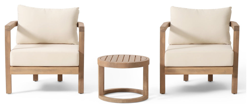 Aston Outdoor Acacia Wood 3 Piece Chat Set With Cushions, Beige and Brown Wash