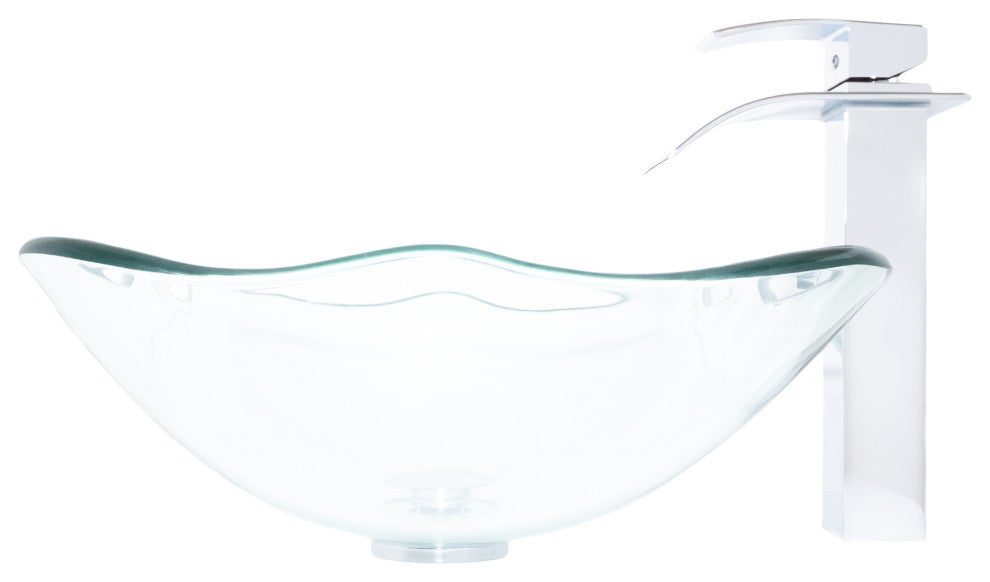 Clear Scalloped Tempered Glass Vessel Bathroom Sink Combo with Faucet and Drain, Chrome