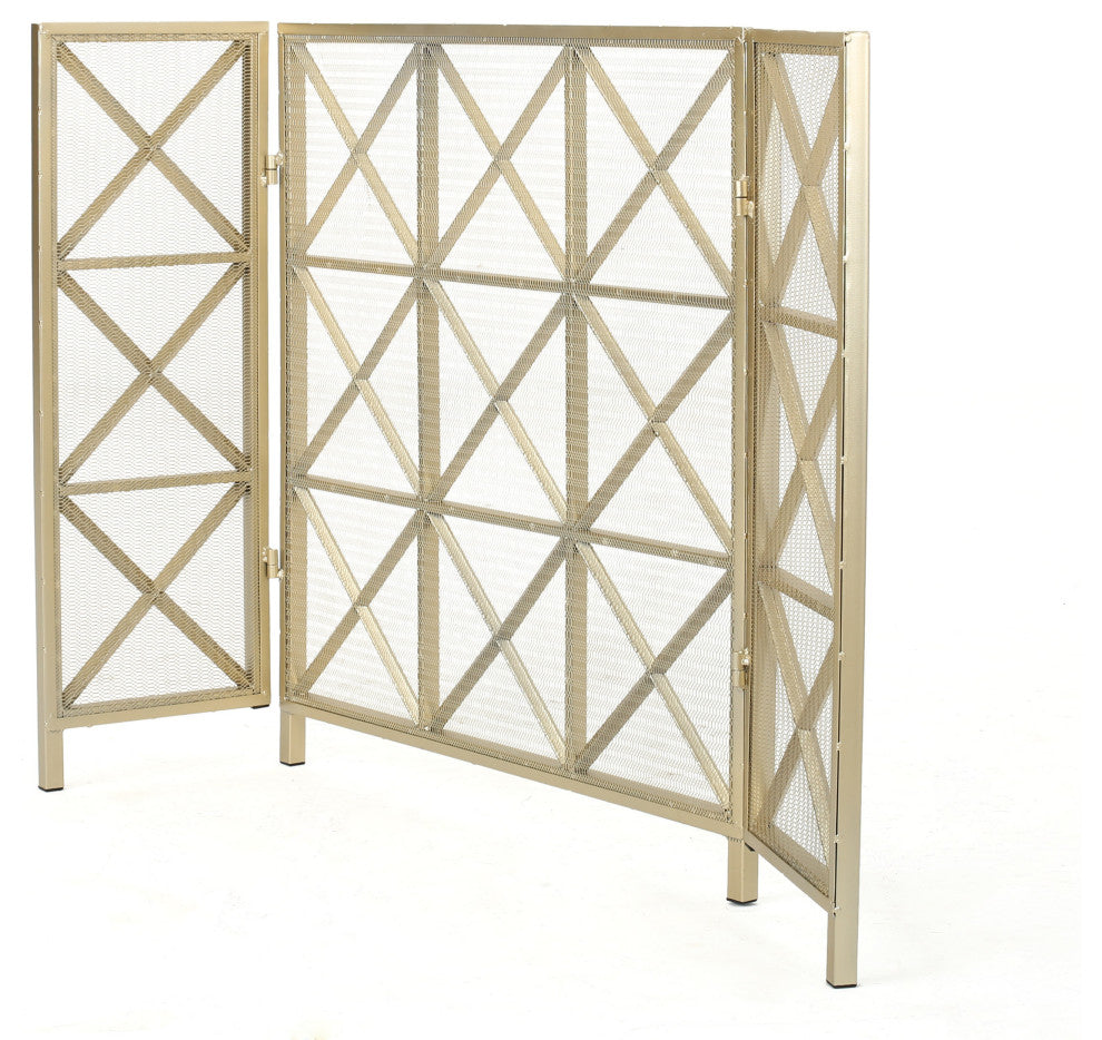 GDF Studio Mandralla 3-Paneled Iron Fireplace Screen, Gold