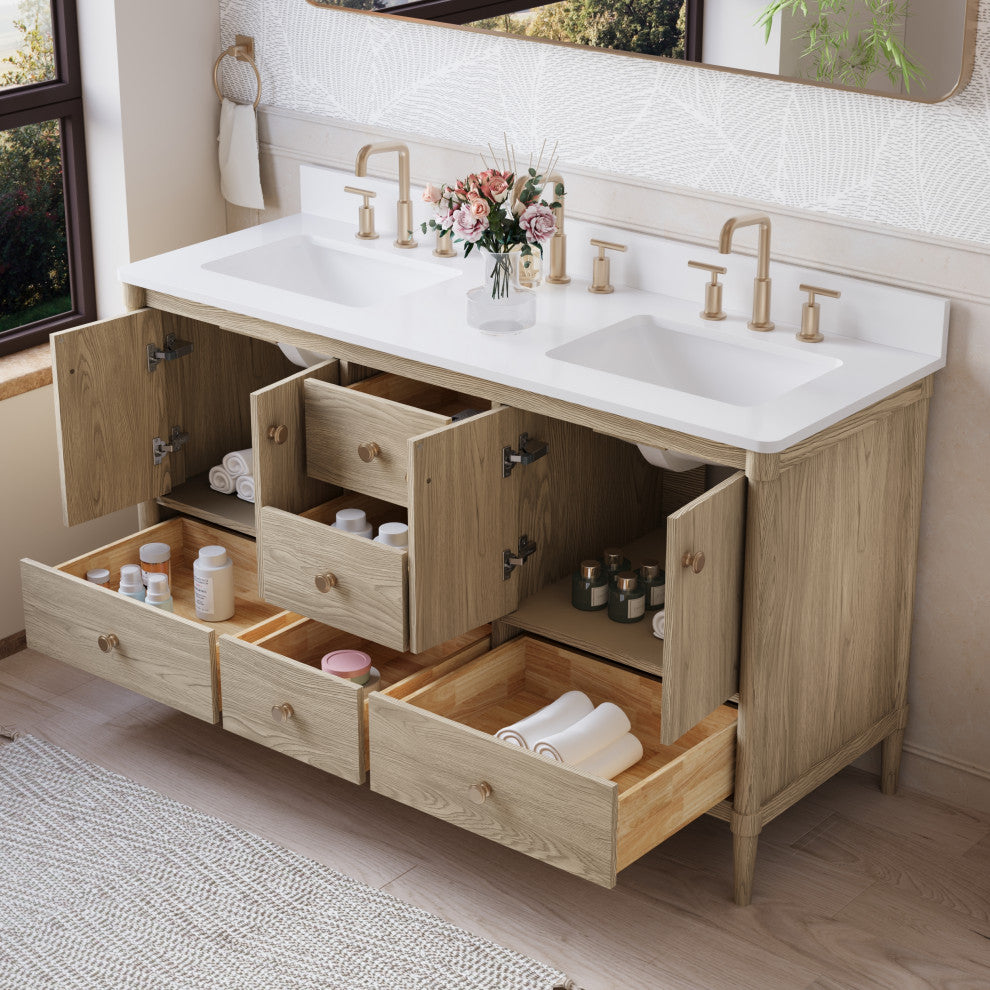 Solid Wood Bathroom Vanity with Carrara White Quartz Top in Oak, 60 Inch