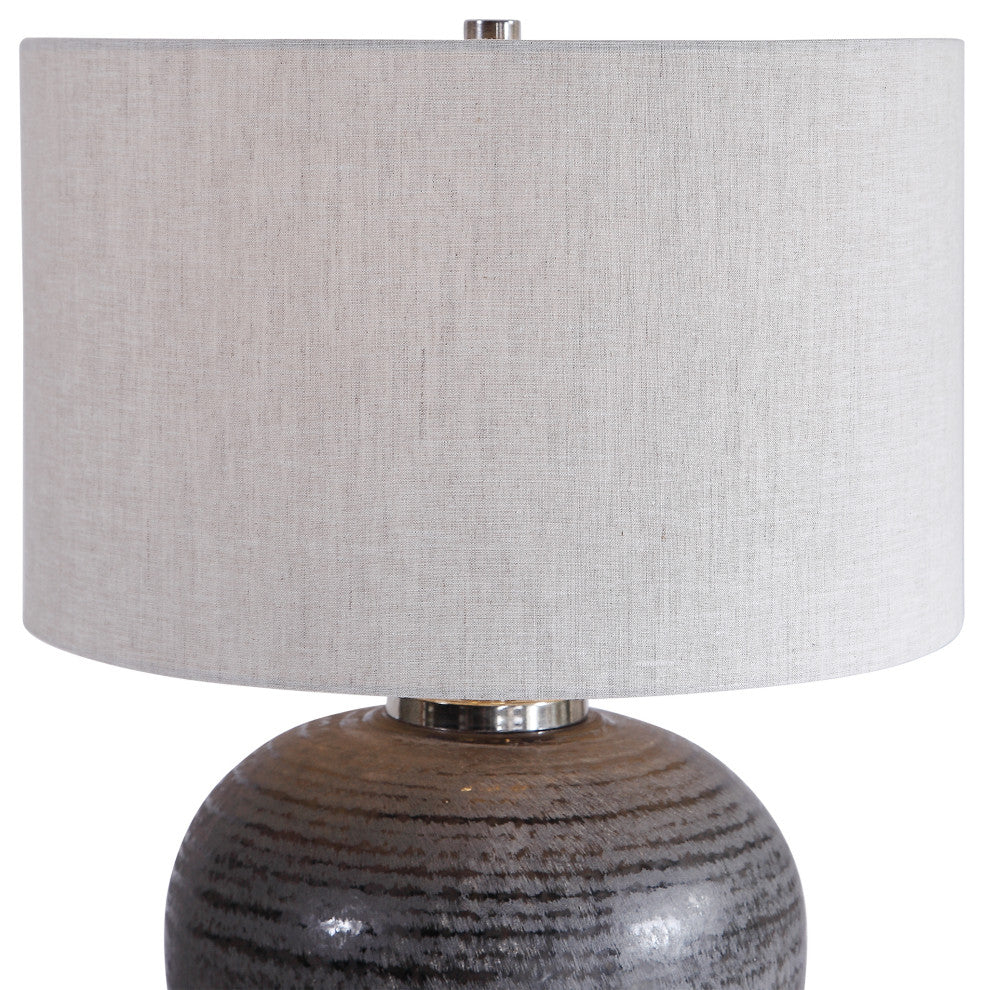 Rustic Round Charcoal Brown Table Lamp, Ceramic Sphere Vintage Style Cottage