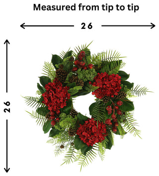 26" Hydrangea Holiday Wreath with Sedum, Pinecones and Berries