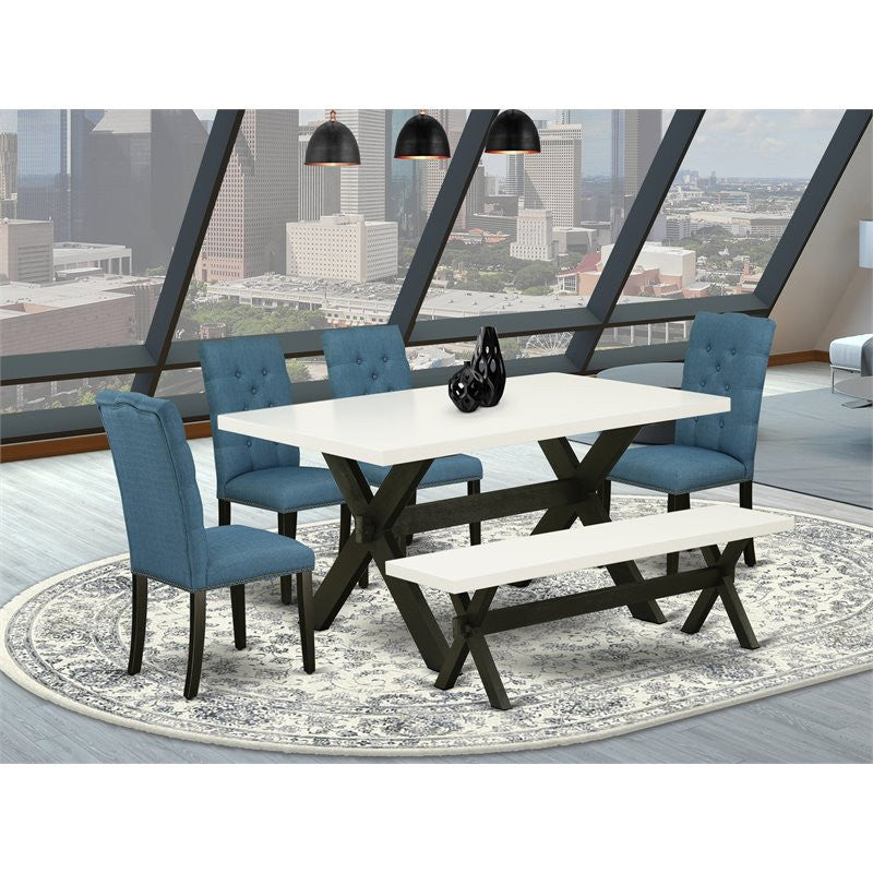 6-Piece Dinette Set Linen White, Table and Bench and 4 Chairs, Black