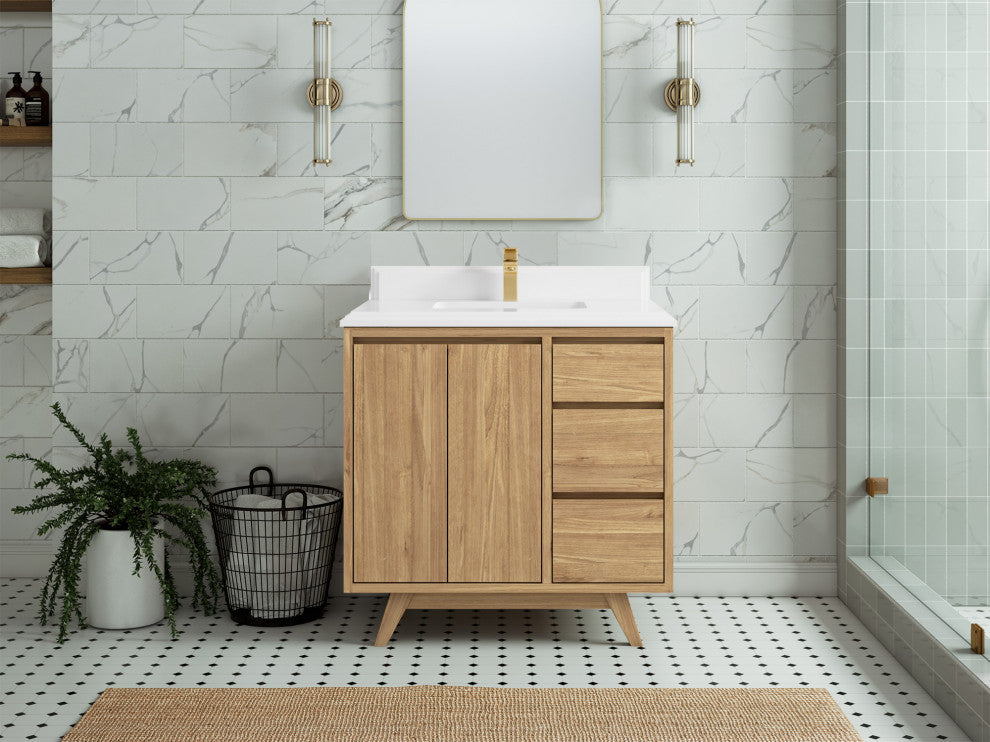 Madison Teak 36 Center Sink Bath Vanity in Light Natural 1.5" White Quartz