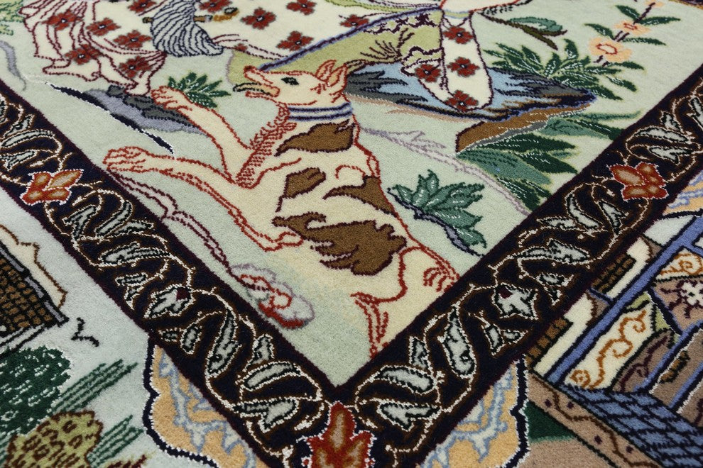 Pictorial Scene Signed Persian Isfahan Hand Knotted Wool and Silk Rug, 4x6