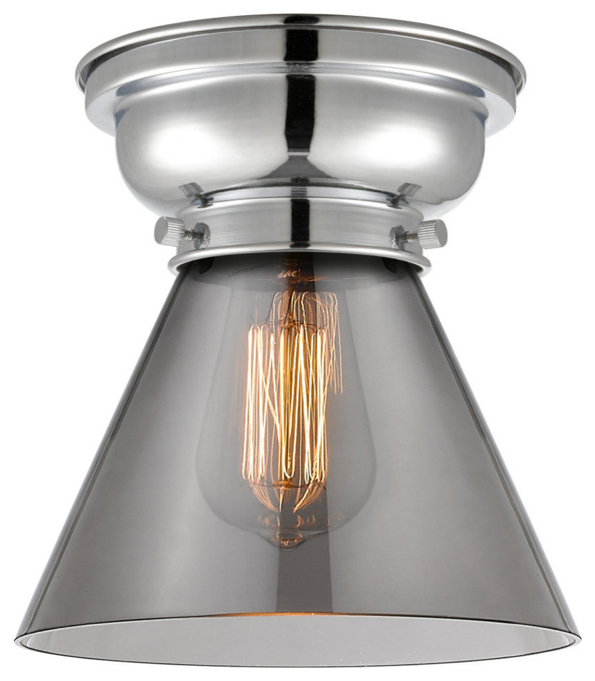 Large Cone 1-Light Flush Mount, Polished Chrome, Plated Smoke