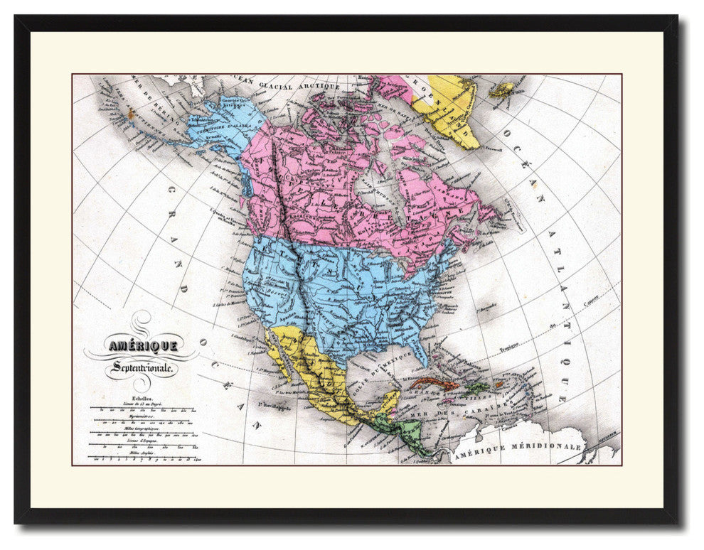 North America Canada Mexico Map Print On Canvas With Picture Frame, 28" X 37"
