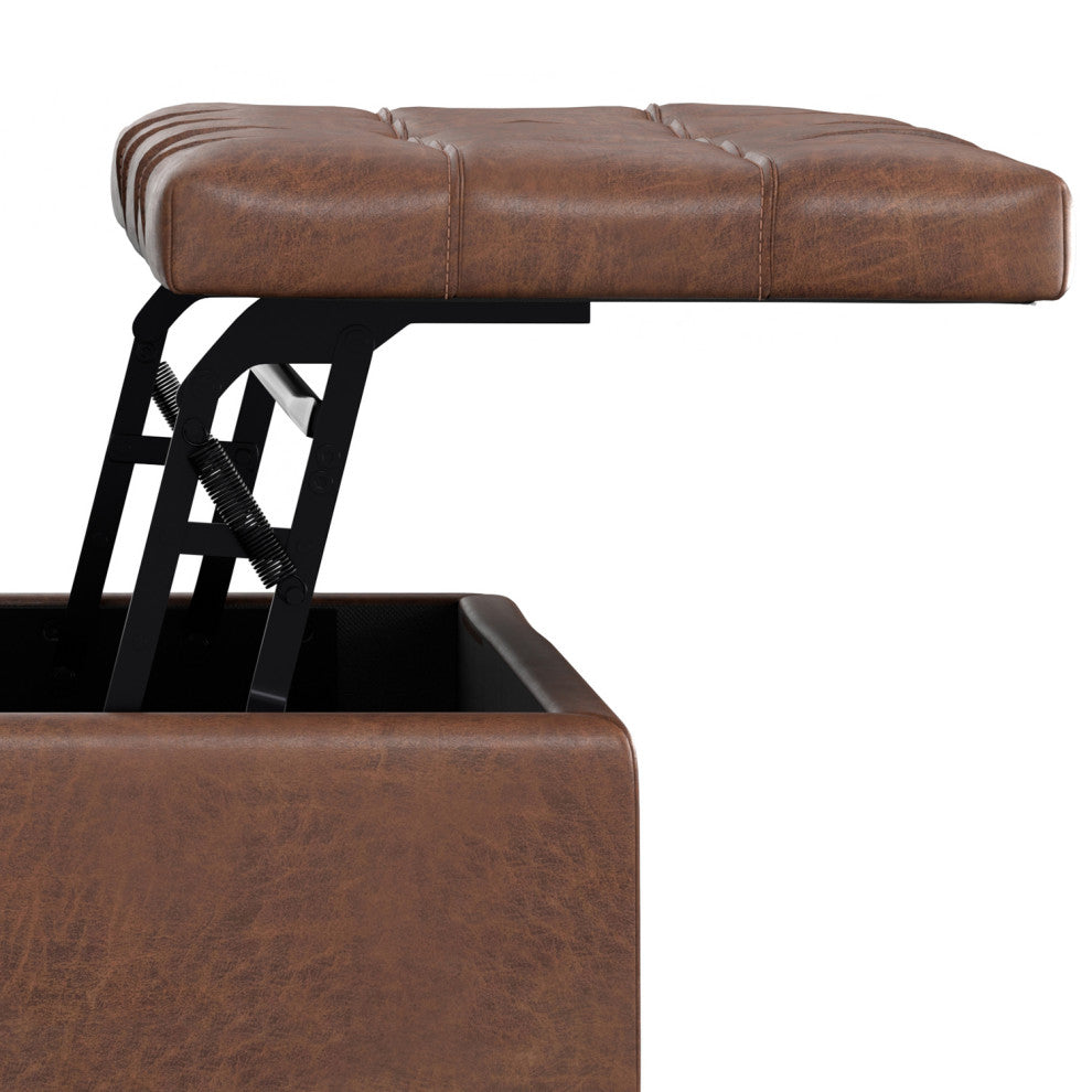 Laura Mid Century Lift Top Storage Ottoman, Distressed Saddle Brown