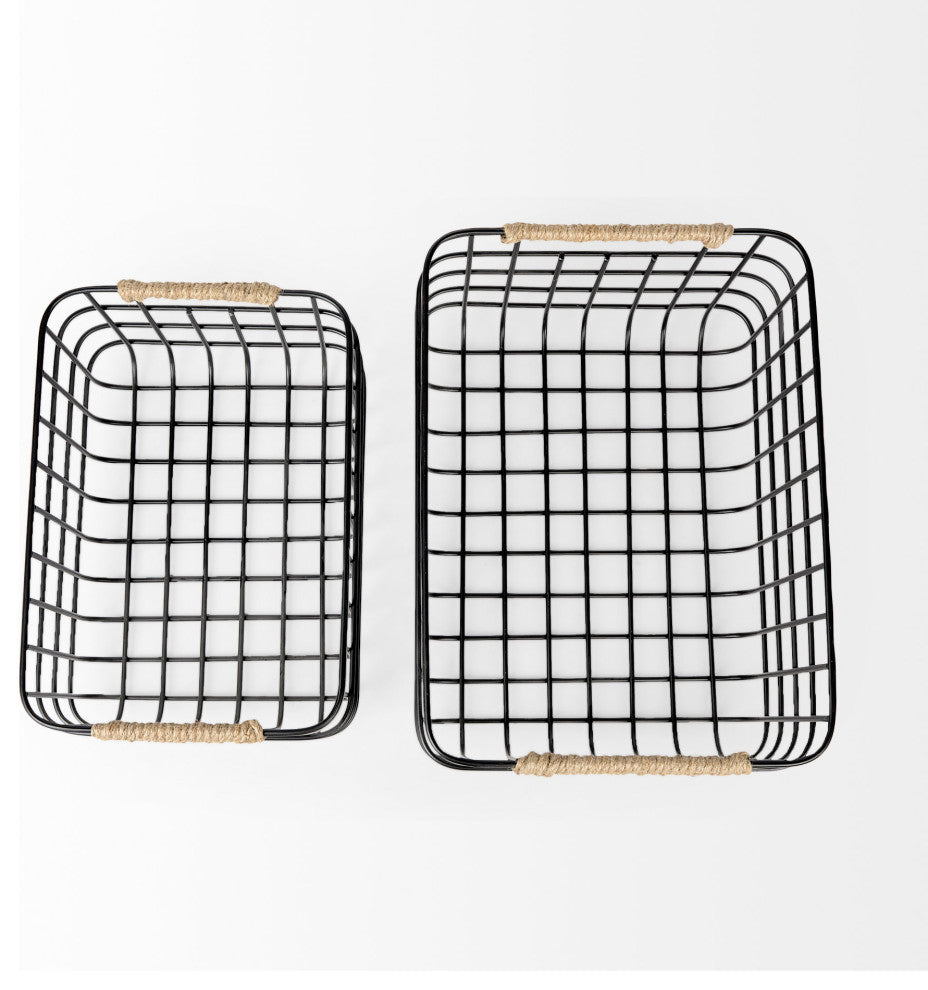 Marius Matte Black Metal w/ Rope Trim Rectangular Baskets (Set of Two)