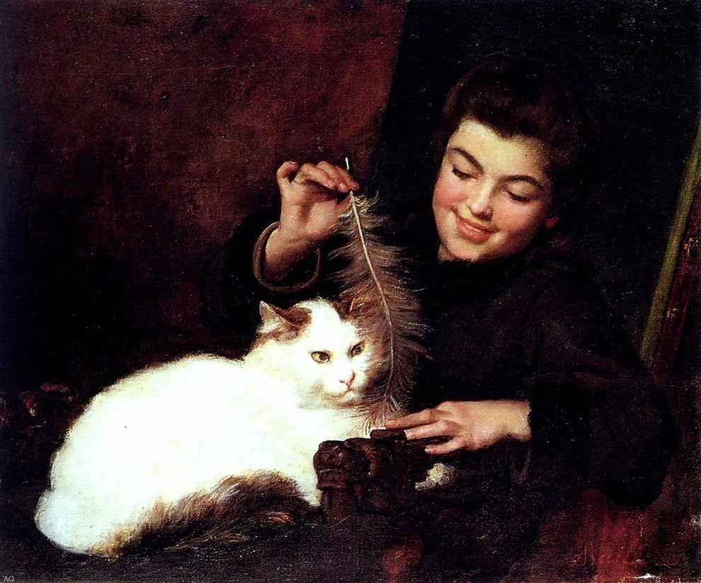 Antoine Jean Bail A Young Girl With a White Cat Gallery Wrapped Canvas Print