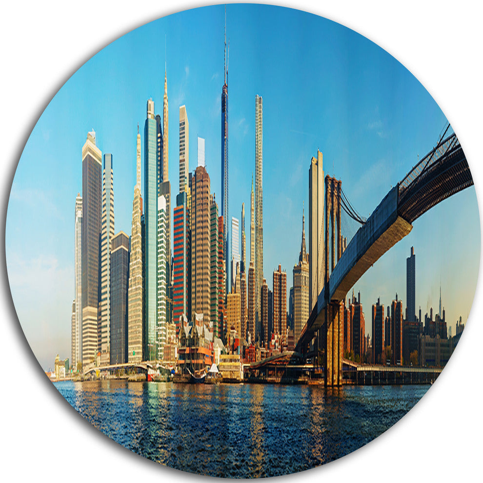 New York City With Brooklyn Bridge, Cityscape Disc Metal Wall Art, 23"