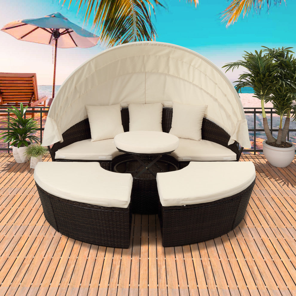 Round Outdoor Sectional Sofa Set Rattan Patio Daybed With Canopy, Beige