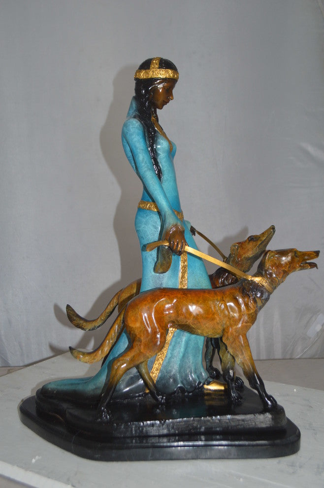 Lady with Her Two Dogs Bronze Statue -  Size: 18"L x 12"W x 23"H.
