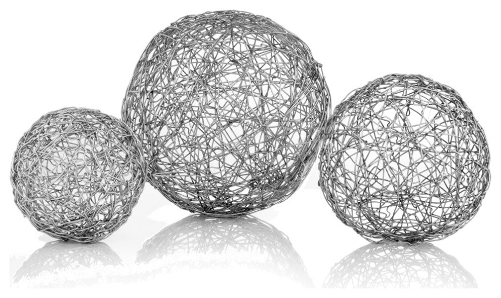 HomeRoots 5" x 5" x 5" Shiny Nickel Silver Wire Spheres Box of 3