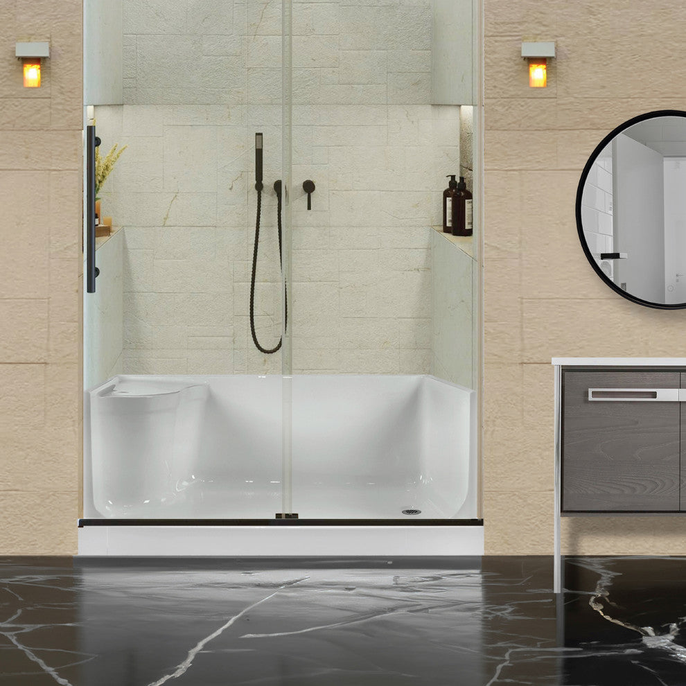 Single Threshold Acrylic Non-Slip Shower Base, Seat 60 x 32, Right Hand Drain