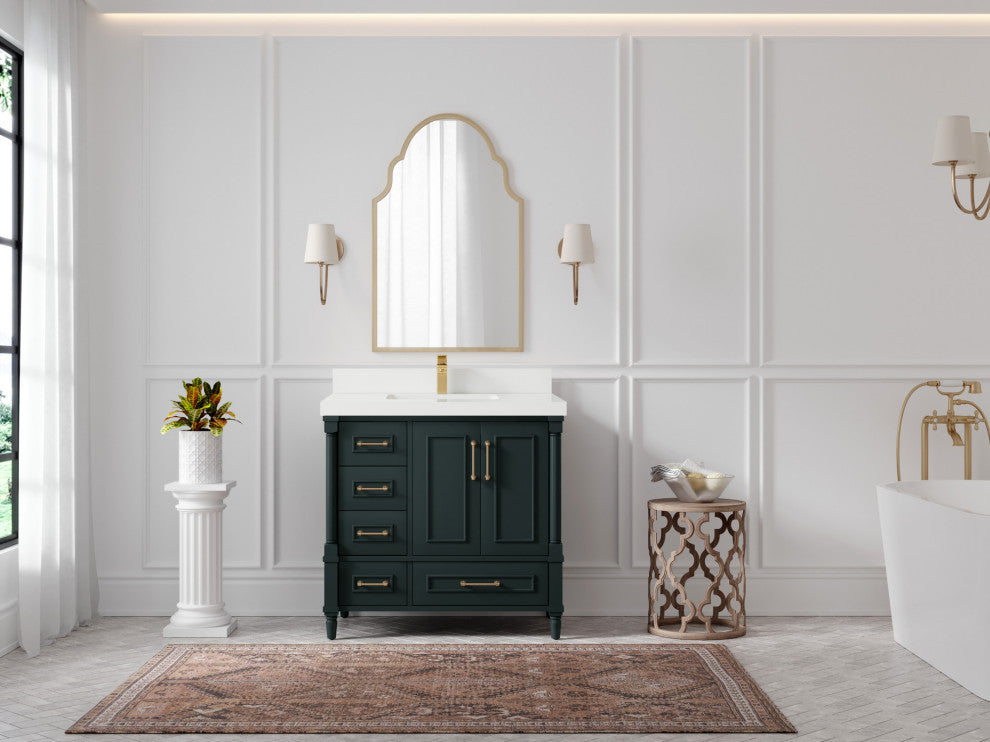 Aberdeen 36 Center Sink Bath Vanity in Dark Forest Green 2" White Quartz