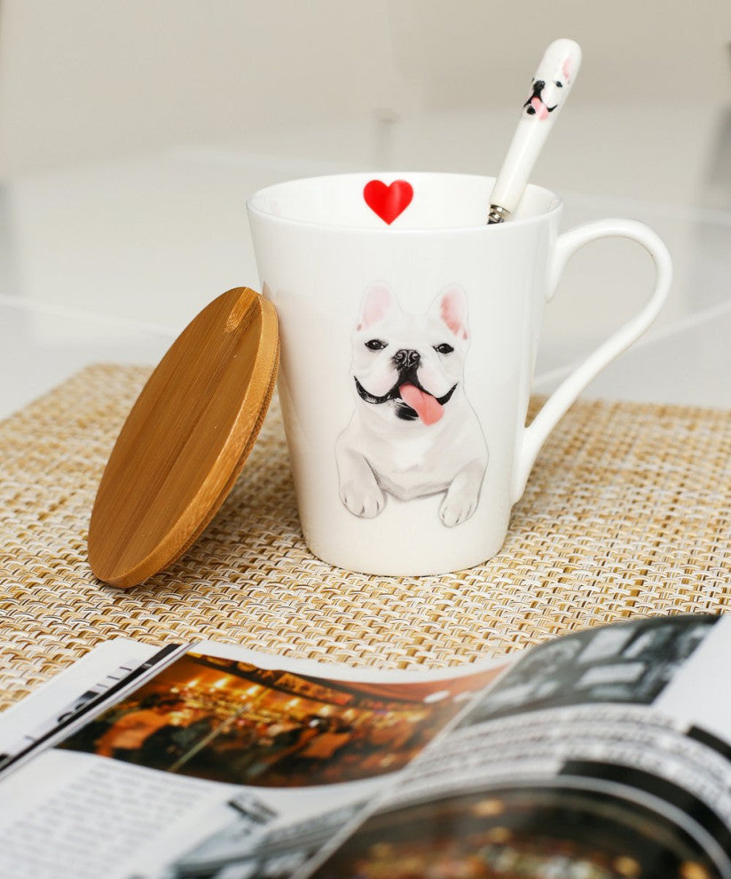Frenchie China Water Cup With bamboo lid and spoon