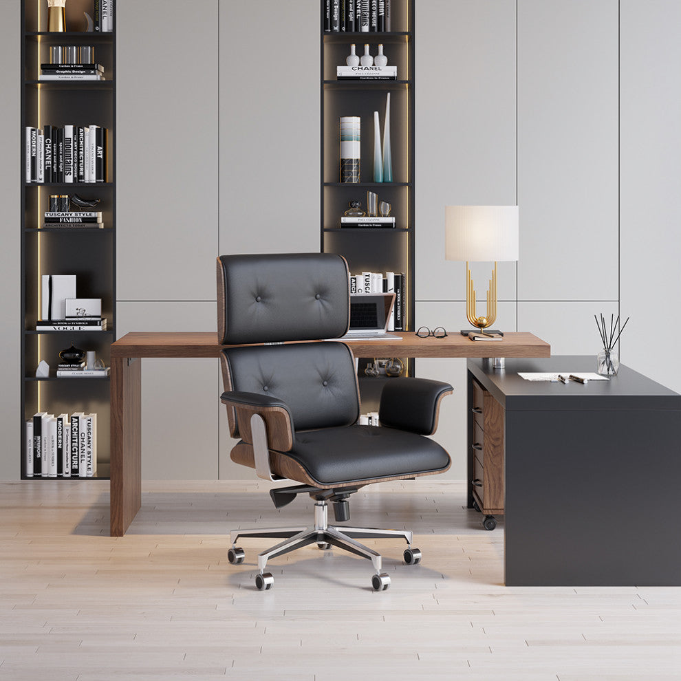 Black Home Office Chair Swivel Upholstered Wooden Desk Chair Adjustable Height, Black