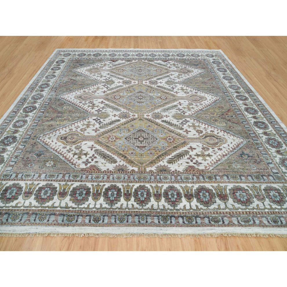 Smoky White Hand Knotted Unique Flower Rosettes Border Square Rug 13'11"x13'11"