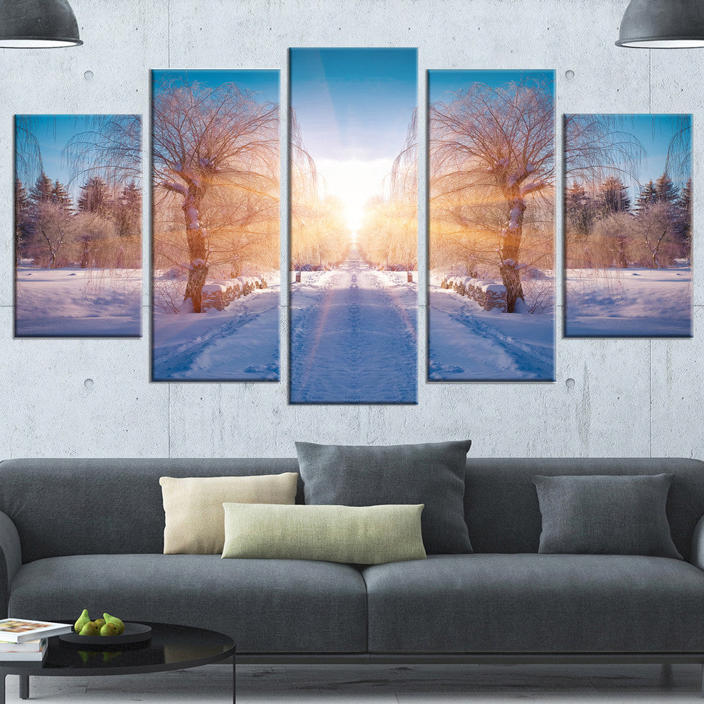 Winter Landscape in City Park, Landscape Canvas Art Print, 60"x32", 5 Panels