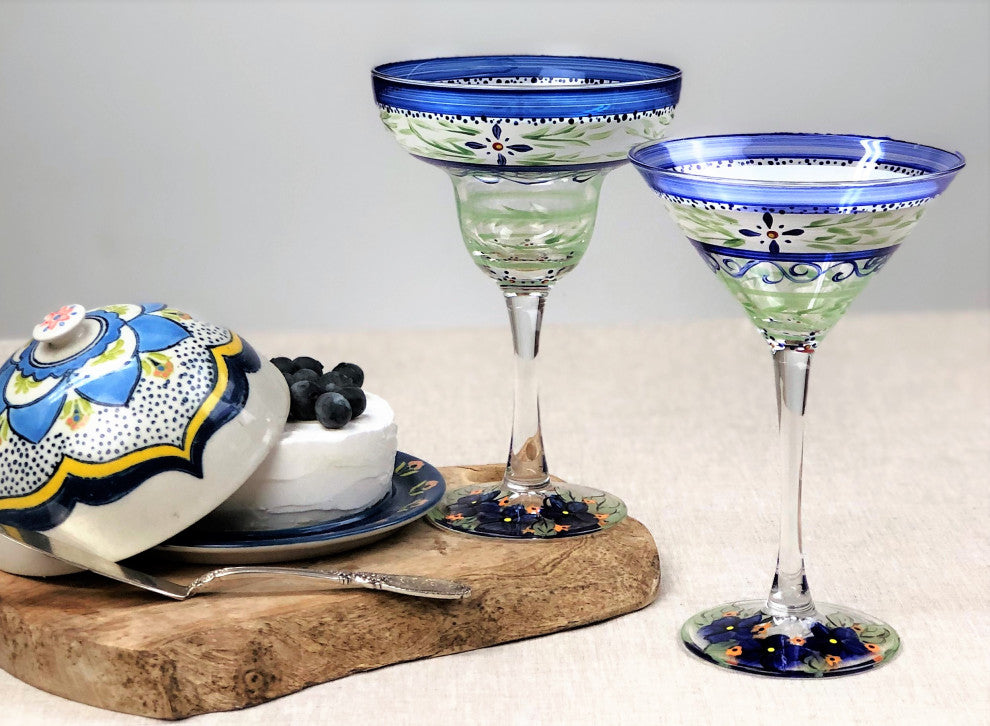 Blue Floral Margarita Glasses, Set of 2