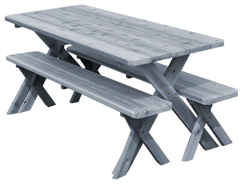 Cedar Cross-Leg Table with 2 Benches, Gray Stain, 8 Foot