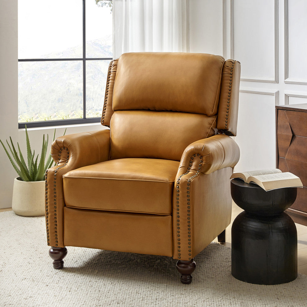 Genuine Leather Cigar Recliner With Nail Head Trim, Camel