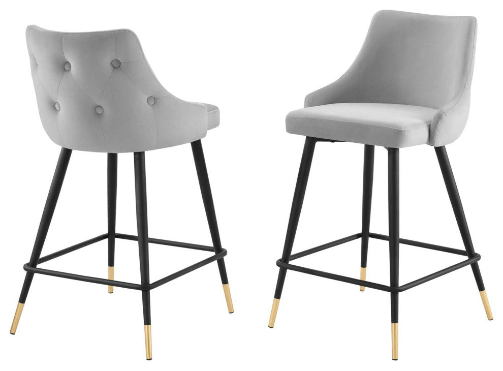 Counter Stool Chair, Set of 2, Velvet, Gray, Bar Pub Cafe Bistro Restaurant