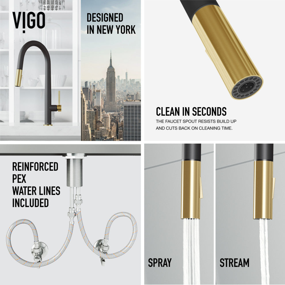 VIGO Greenwich 18" H Single Handle Pull-Down Sprayer Kitchen Faucet, Matte Black/Matte Brushed Gold, No Sensor, Without Extras