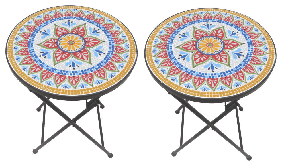 Mosaic Art Collection Accent Table with Foldable Legs, Cosmos, 2 Tables Set