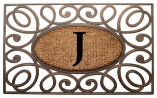 A1HC Rubber & Coir Elegant Circles Princess Doormat, Monogrammed, J