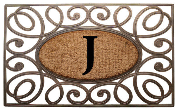 A1HC Rubber & Coir Elegant Circles Princess Doormat, Monogrammed, J