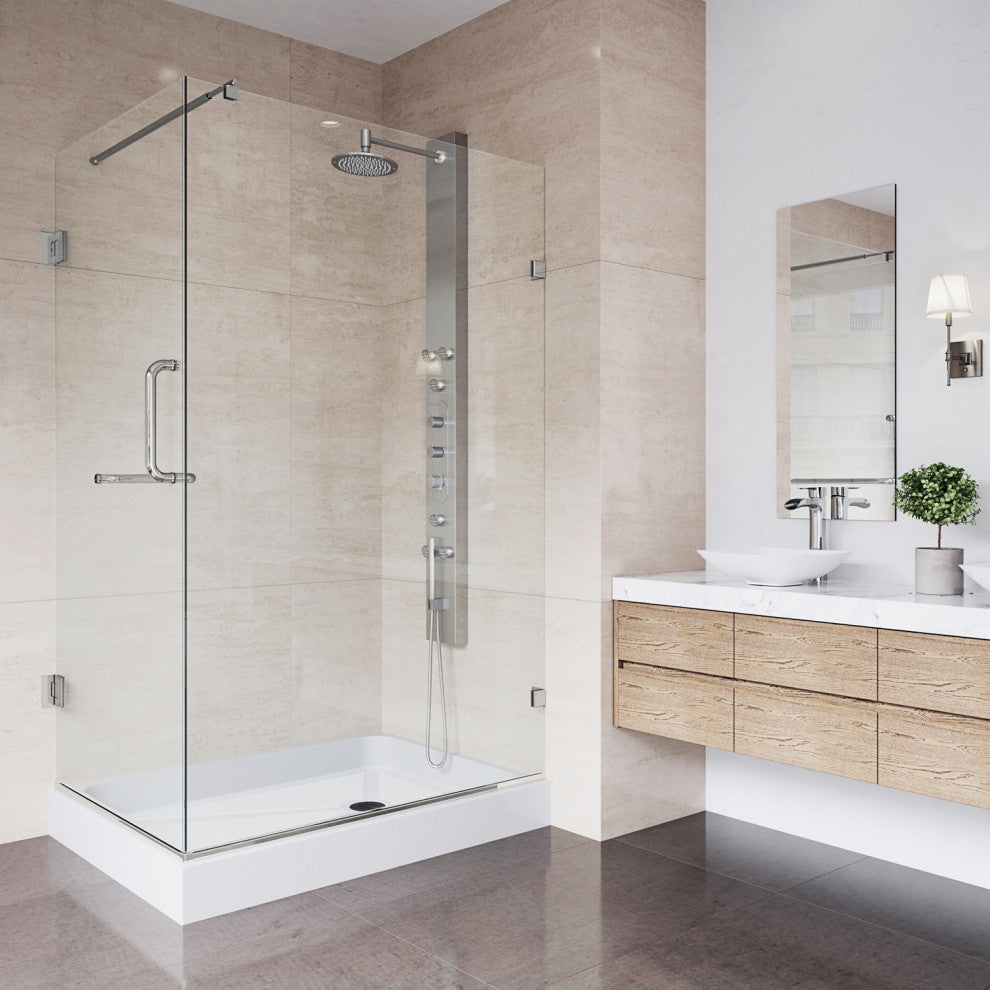 VIGO Pacifica 48"D x 36"W x 79"H Frameless Hinged Shower Enclosure, Brushed Nickel, Right Base