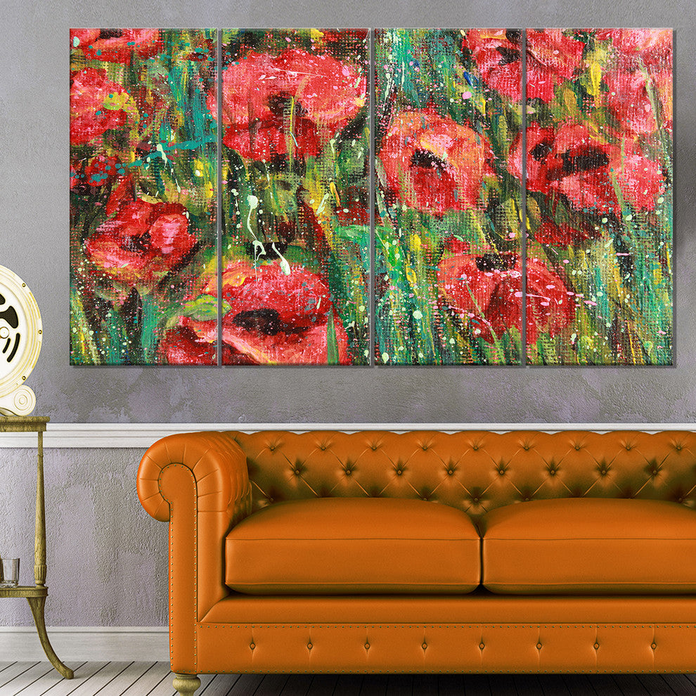 Red Poppies Watercolor Drawing, Floral Wall Art, 48"x28", 4 Panels