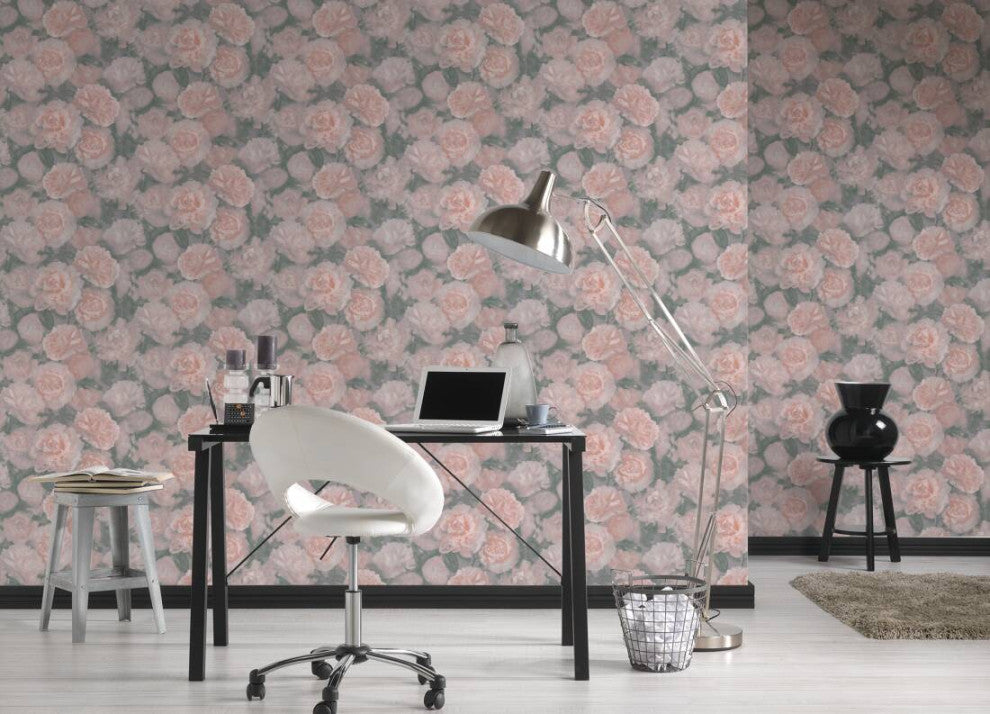 Floral Textured Wallpaper, Peony Flowers, 374021, Pink Rose Gray, 1 Roll