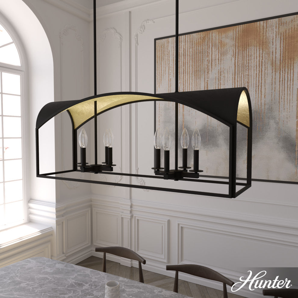 Hunter Dukestown Natural Iron, Gold Leaf 8 Light Linear Chandelier Ceiling