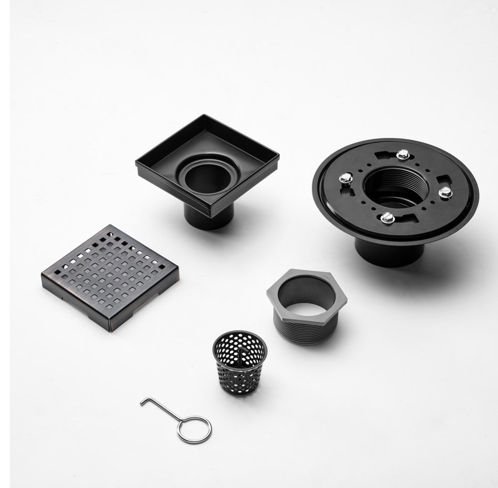 HEATGENE Square Shower Drain With Flat Cover and Base Flange, Venetian Bronze, 6
