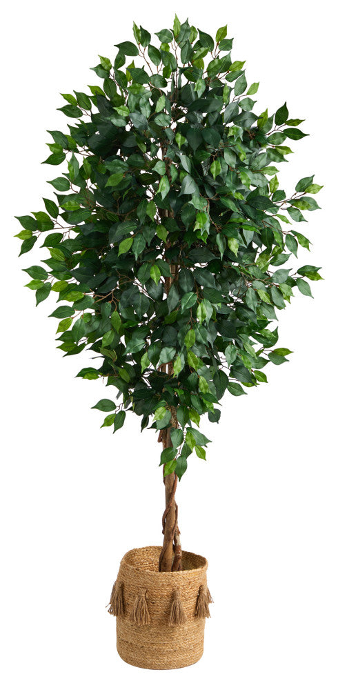 6'' Ficus Faux Tree With Natural Trunk, Handmade Natural Jute Planter W/ Tassels