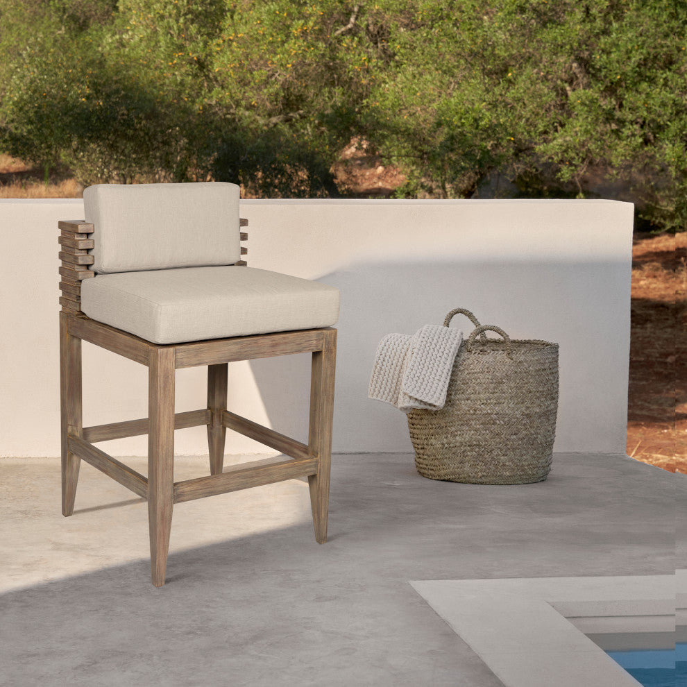 Vivid Outdoor Patio Counter Stool, Light Eucalyptus Wood Taupe Olefin Cushions