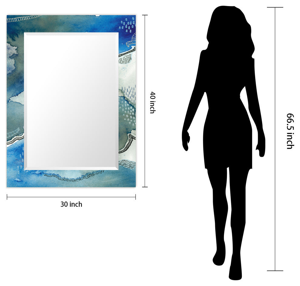 "Subtle Blues" Beveled Mirror on Printed Abstarct Tempered Art Glass, 40x30"