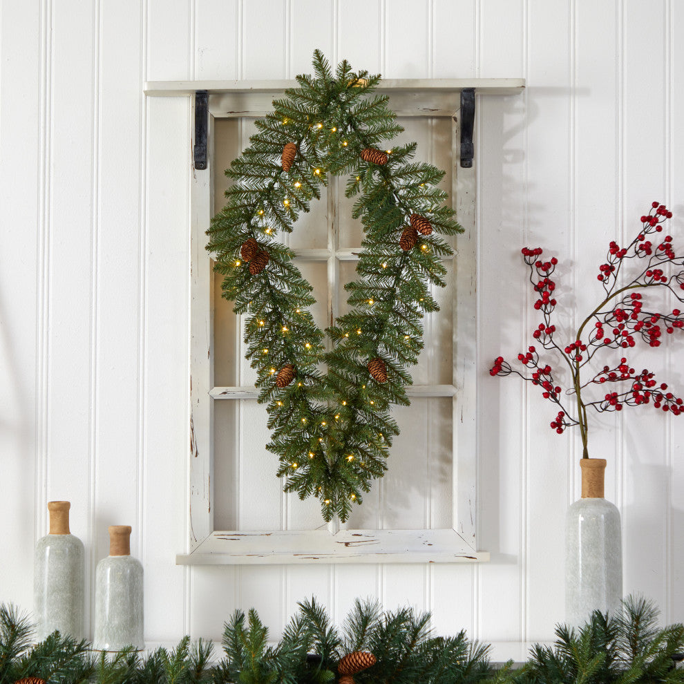 3' Holiday Xmas Geometric Diamond Wreath With Pinecones & Warm White LED Lights