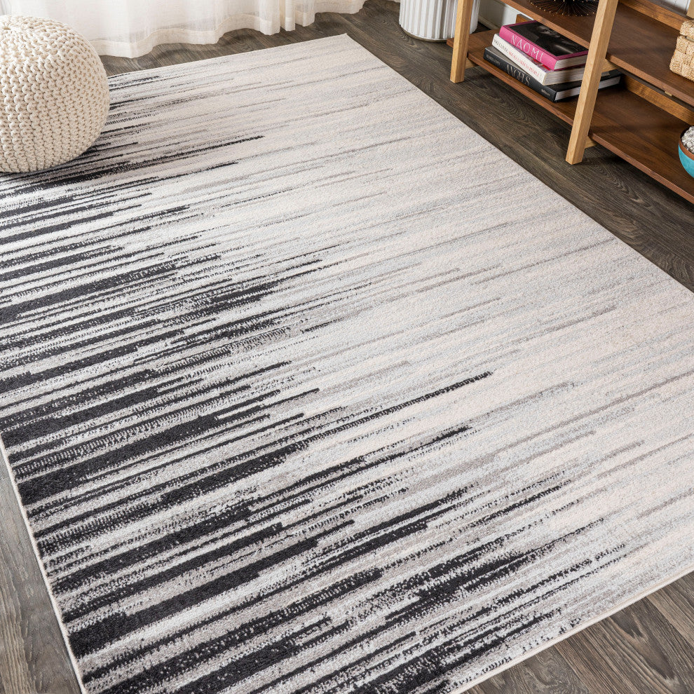 Linear Modern Half-Stripe Area Rug, Gray/Cream, 3 X 5