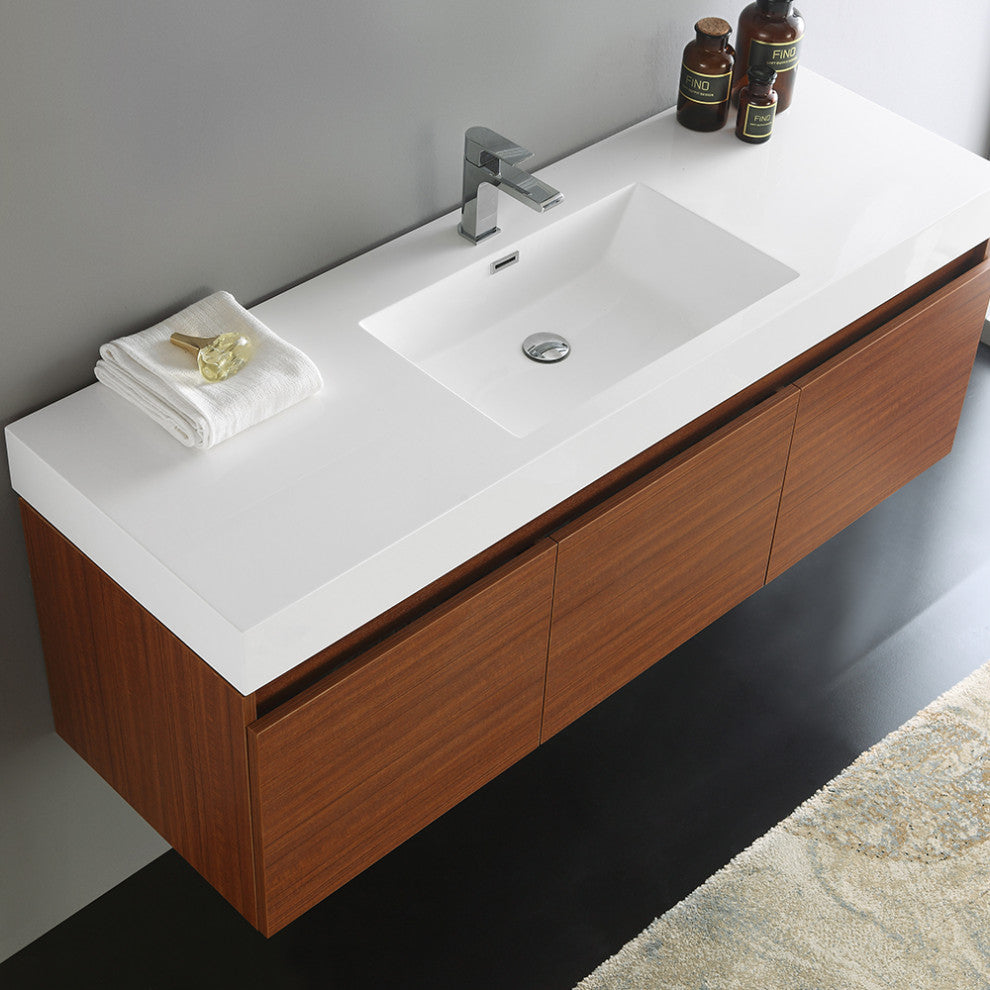 Fresca Mezzo 60" Teak Wall Hung Single Sink Cabinet With Integrated Sink