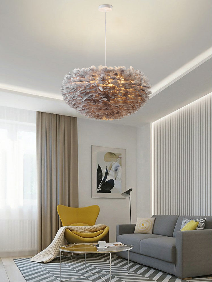 White Iron Ceiling Fixture With Grey Goose Feather, Gray