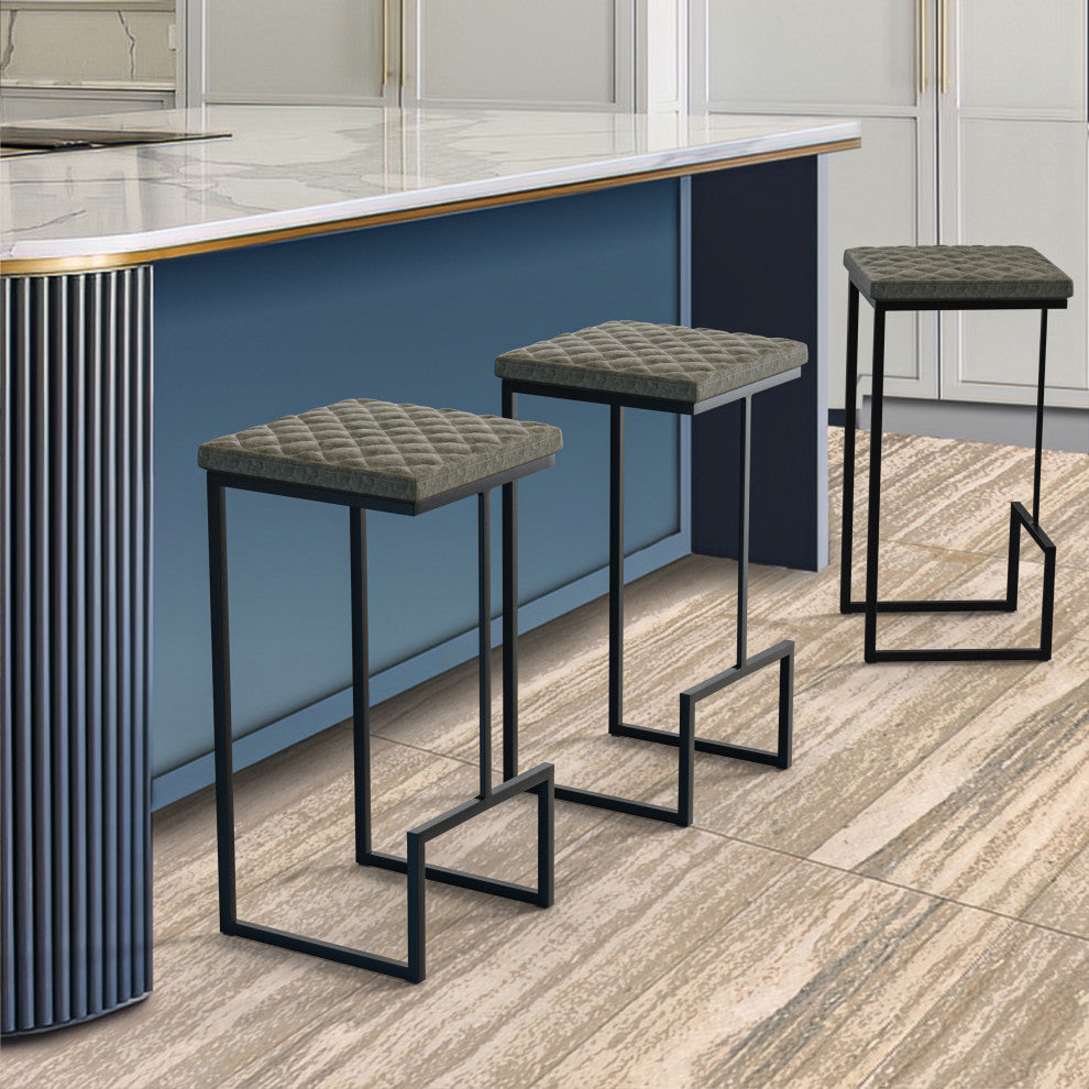 Quincy Square Barstool with Leather Seats and Metal Frame with Footrest, Gray