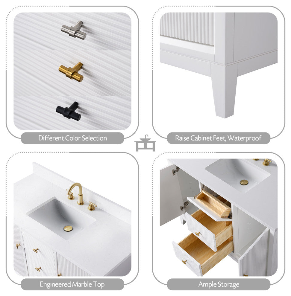 Vanity Art Bathroom Vanity with Engineered Marble Top and Sink, White, 48", Golden Brushed